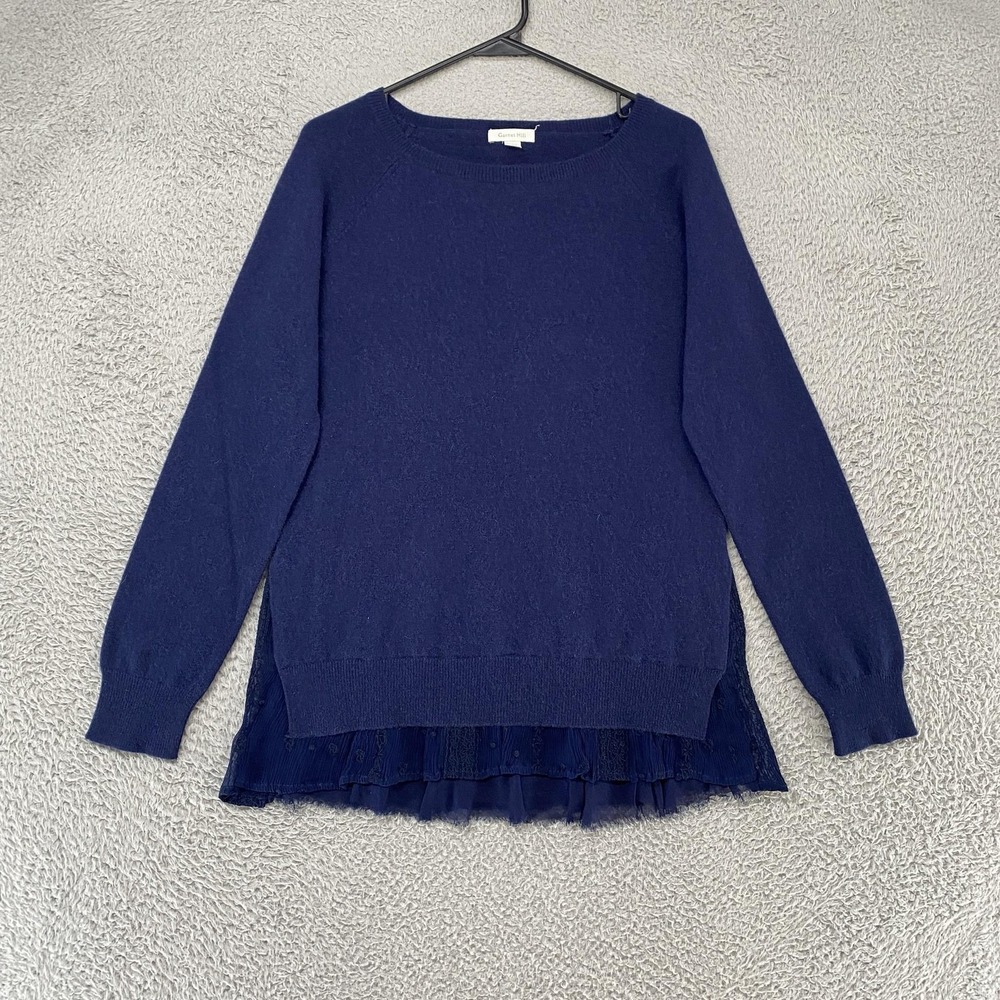 Garnet Hill 100% Cashmere Sweater Womens M Blue Boat Neck Layered Hem Ruffle